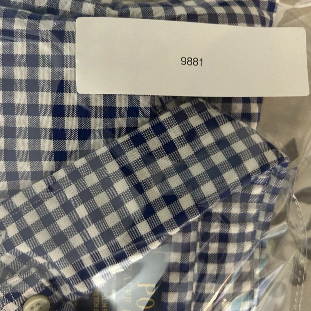 Polo Ralph Lauren Shirt Mens L Gingham Slim Fit Stretch Oxford OCBD Flesh Pony